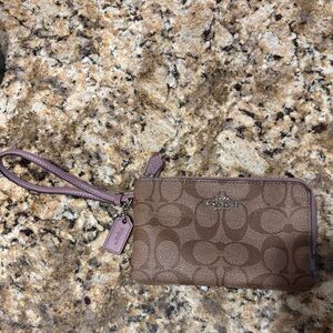 Coach Brown Signature Canvas Wristlet with Pink Trim